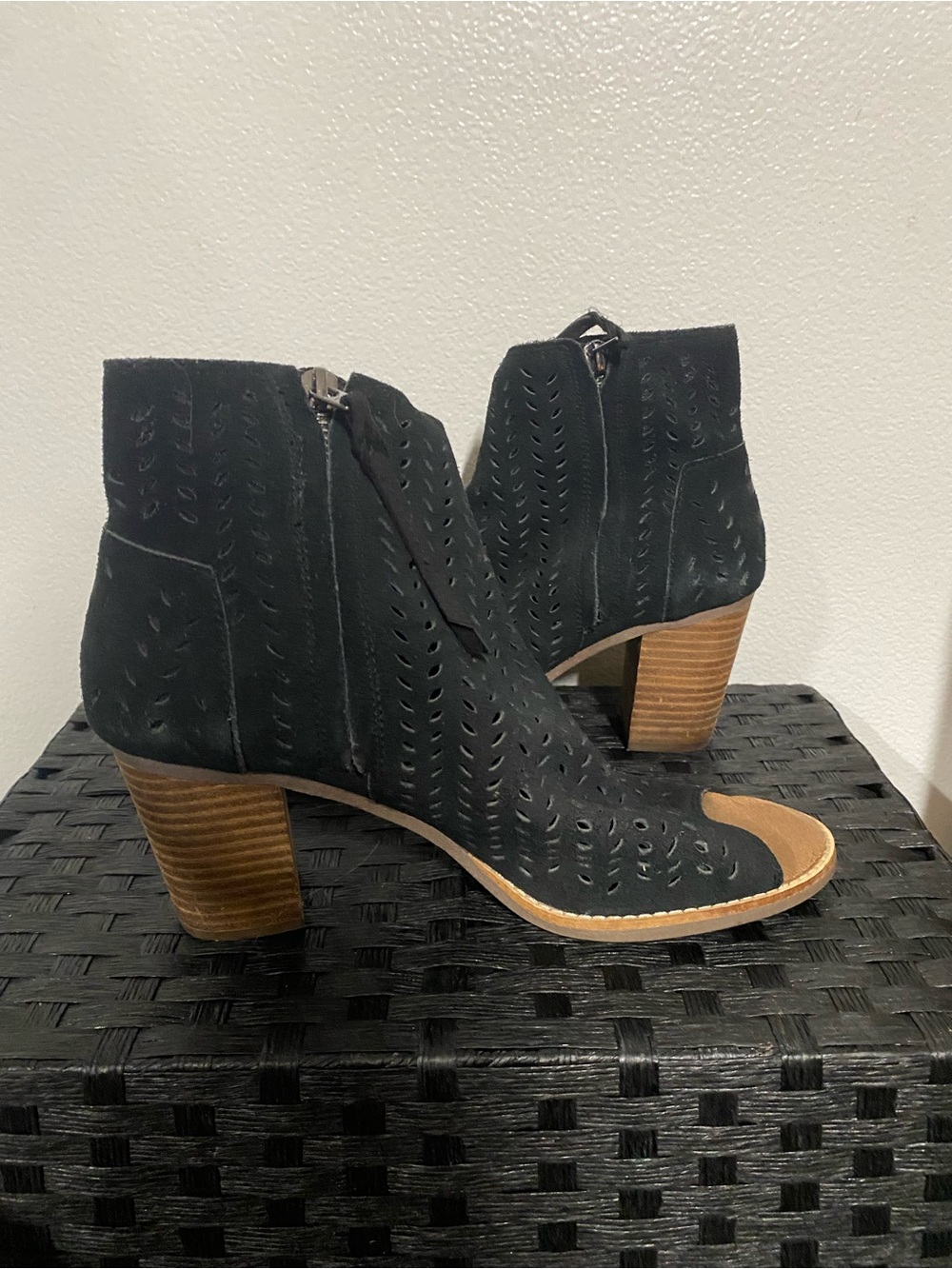 Women's Black Sueded Perforated Ankle Boots with Stacked Heel